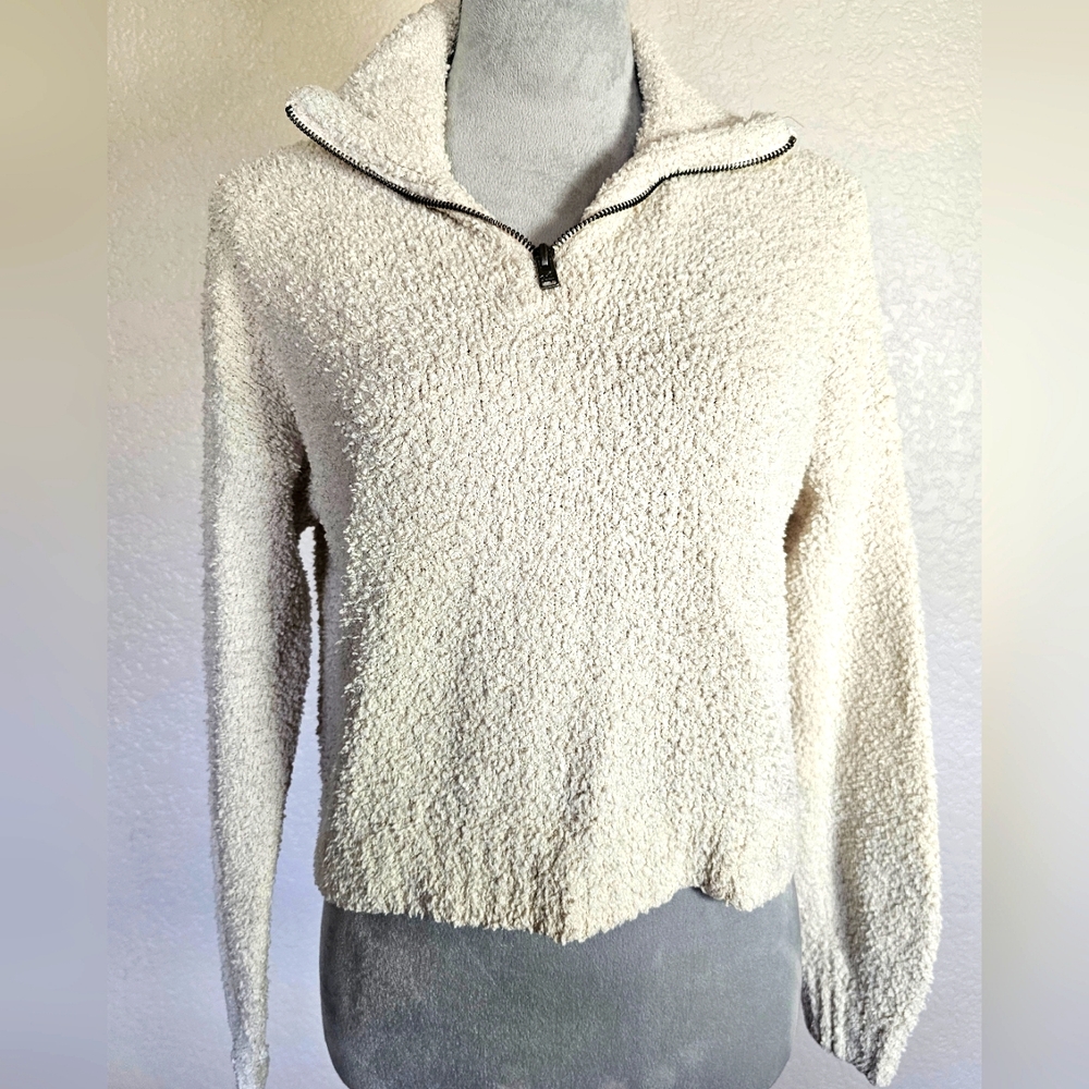 Cream Cropped Fuzzy Chenille Mock Neck 1/4 Zip Pullover Sweater Women’s …